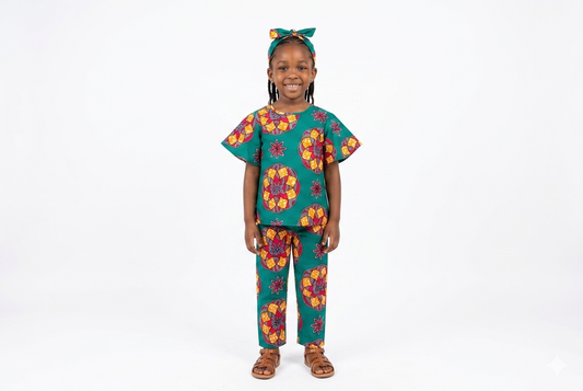 Conjunto Niña Turquesa-Fucsia-Naranja ( Etnia Negra)