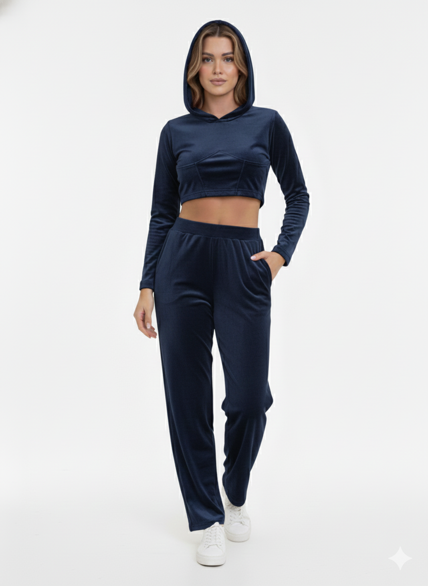Ladies Velour Hoodie Top  with Pant  Set 2 Navy - Liz & Lilli