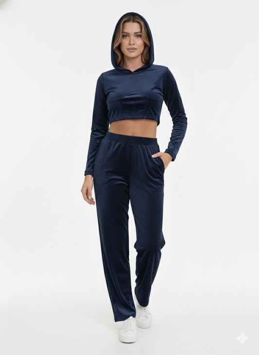 Ladies Velour Hoodie Top  with Pant  Set 2 Navy - Liz & Lilli