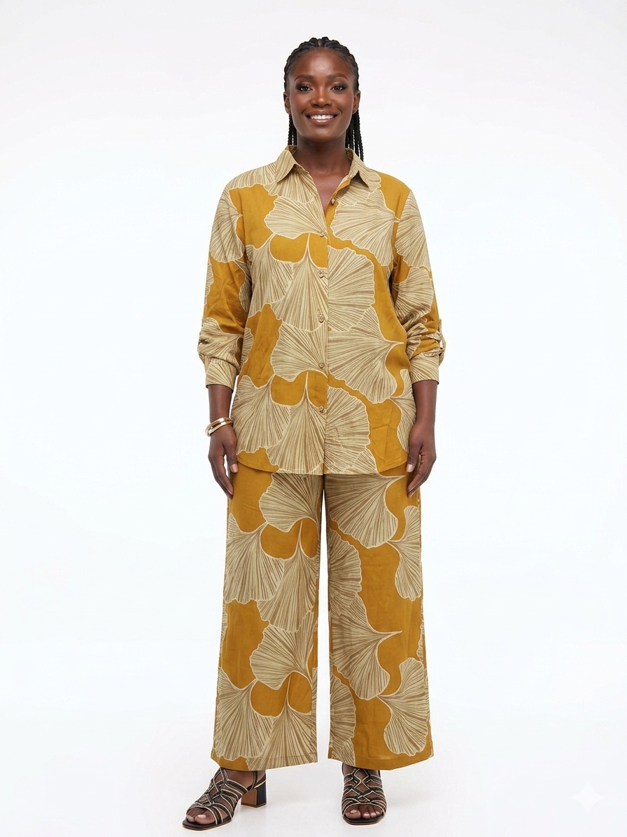 Printed 2pc Set, Sleeve Long Blouse -Pant - Etnia Negra