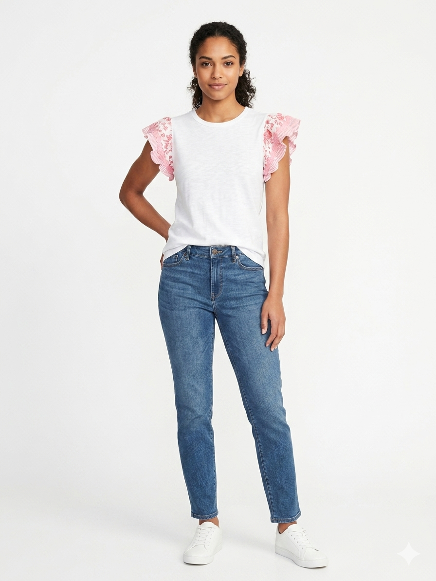 Blouse Sleeve  Twofer White -Pink