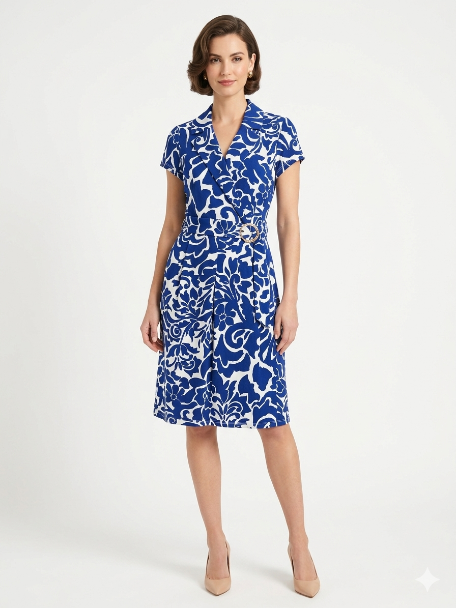 Dress Sleeveless Wrap Blue / Cream  - Shelby and Palmer