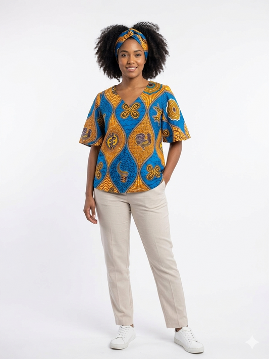 Camisa Dama Azul-Mostaza  (Etnia Negra)