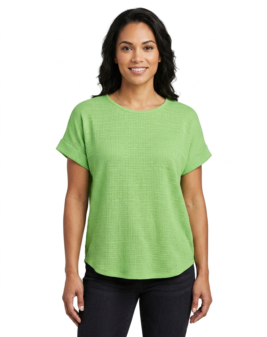 Sleeve Scoop Neck Dolman Top w / Non - Functional CB Buttons Apple  - Ninety