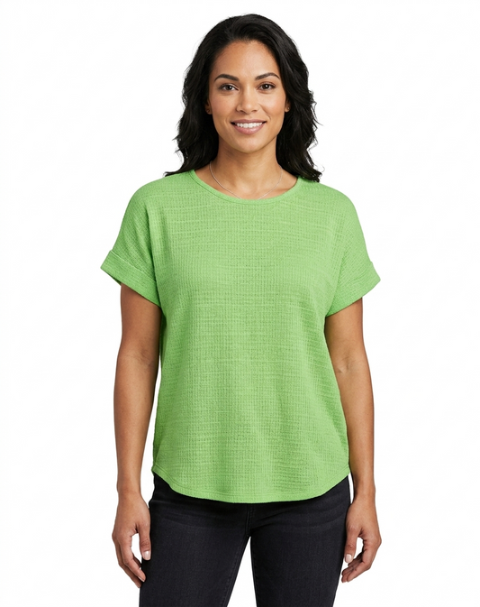 Sleeve Scoop Neck Dolman Top w / Non - Functional CB Buttons Apple  - Ninety