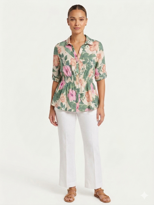 Roll Tab Button Waist Pink