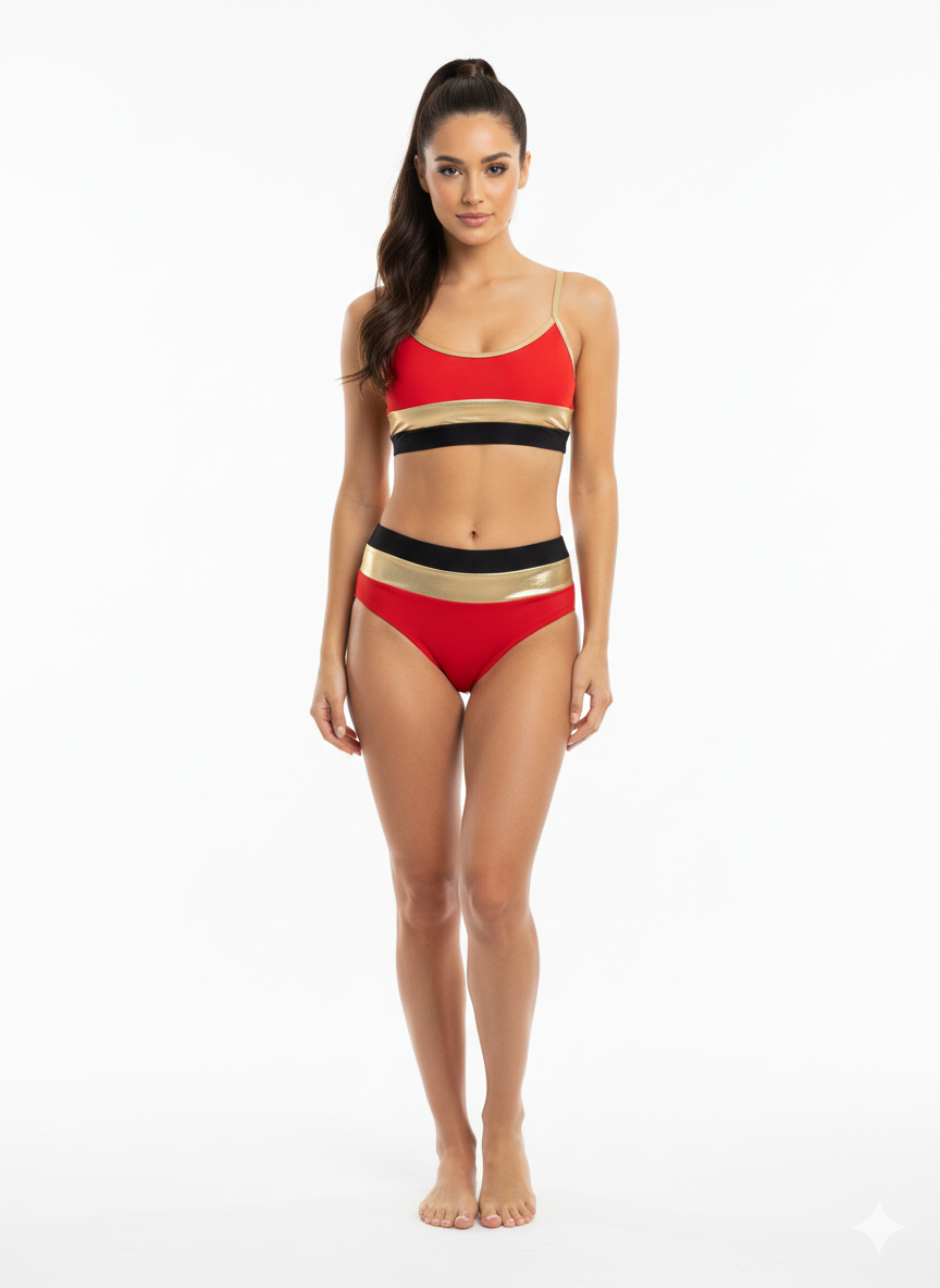 Ladies 2pc Swimsuit Red-Gold-Black - Emme Jordan