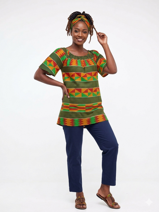 Camisa Dama Verde con  franjas Rojo-Verde-Naranja (Etnia Negra)