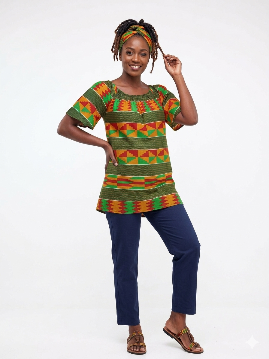 Camisa Dama Verde con  franjas Rojo-Verde-Naranja (Etnia Negra)