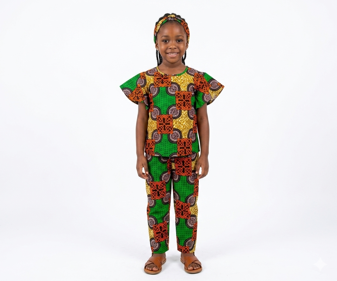 Conjunto Niña Verde-Naranja-Chocolate (Etnia Negra)