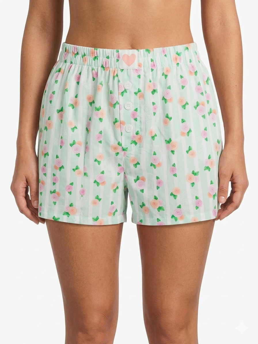 Ladies Woven Shorts W / Patch Light Green Flowers