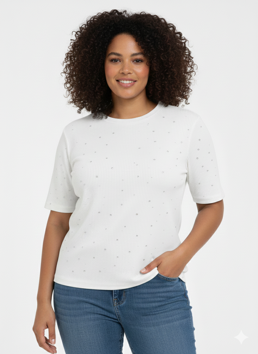 Plus Ladies Top Crew Neck White and pearls - Liz & Lilli