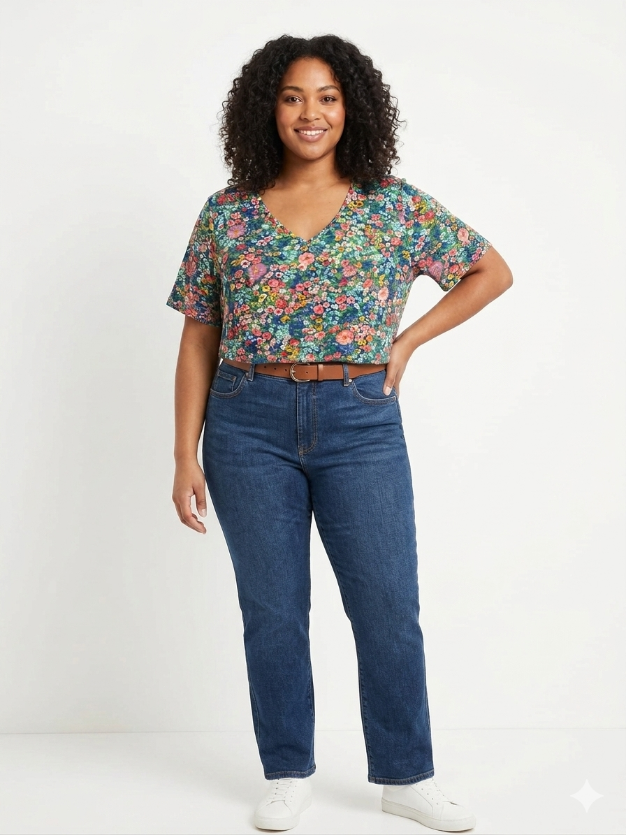 Ladies Plus Size Olive Tops Flowers  Multi