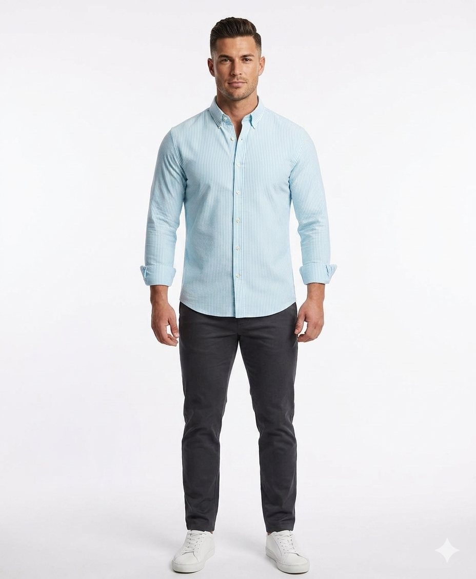Camisa Celeste con Rayas Blanca Caballero