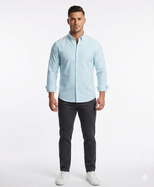 Camisa Celeste con Rayas Blanca Caballero