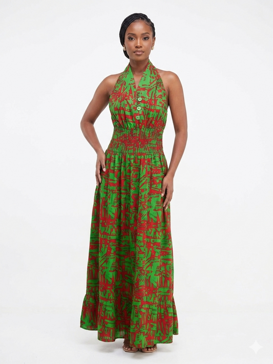 African Green Print Dress Buttons - Etnia Negra