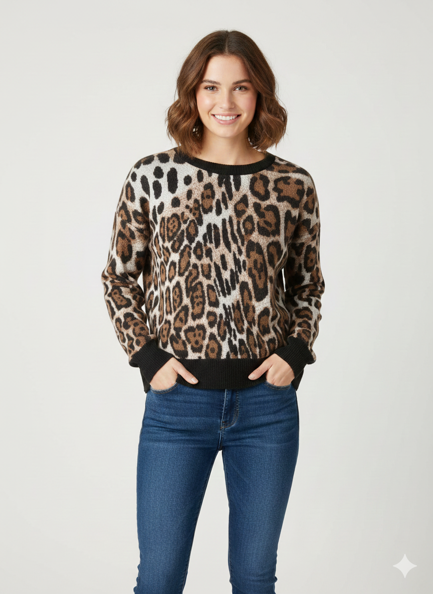 Ladies Top Crew Neck Sweater Brown Leopard  - Liz & Lilli