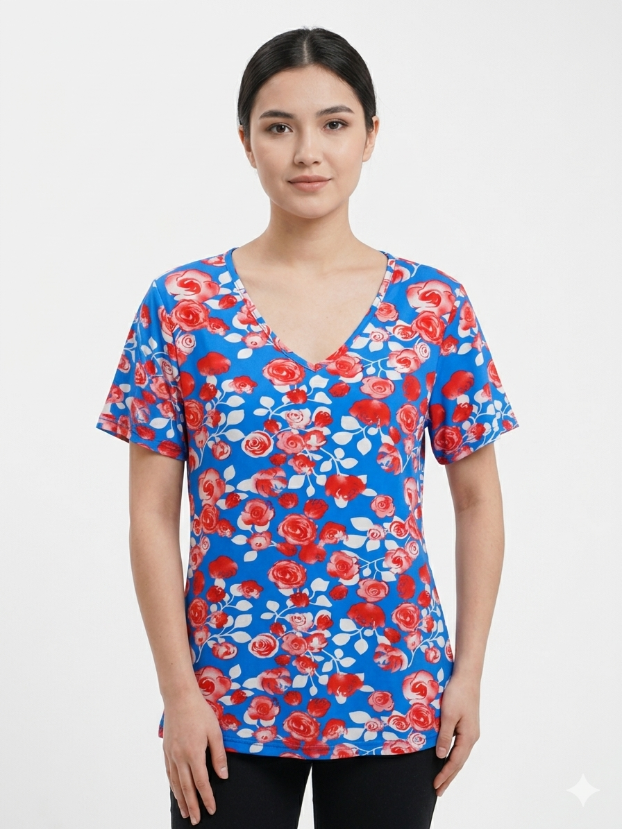 Ladies  Print Top Blue-Red with Flowers