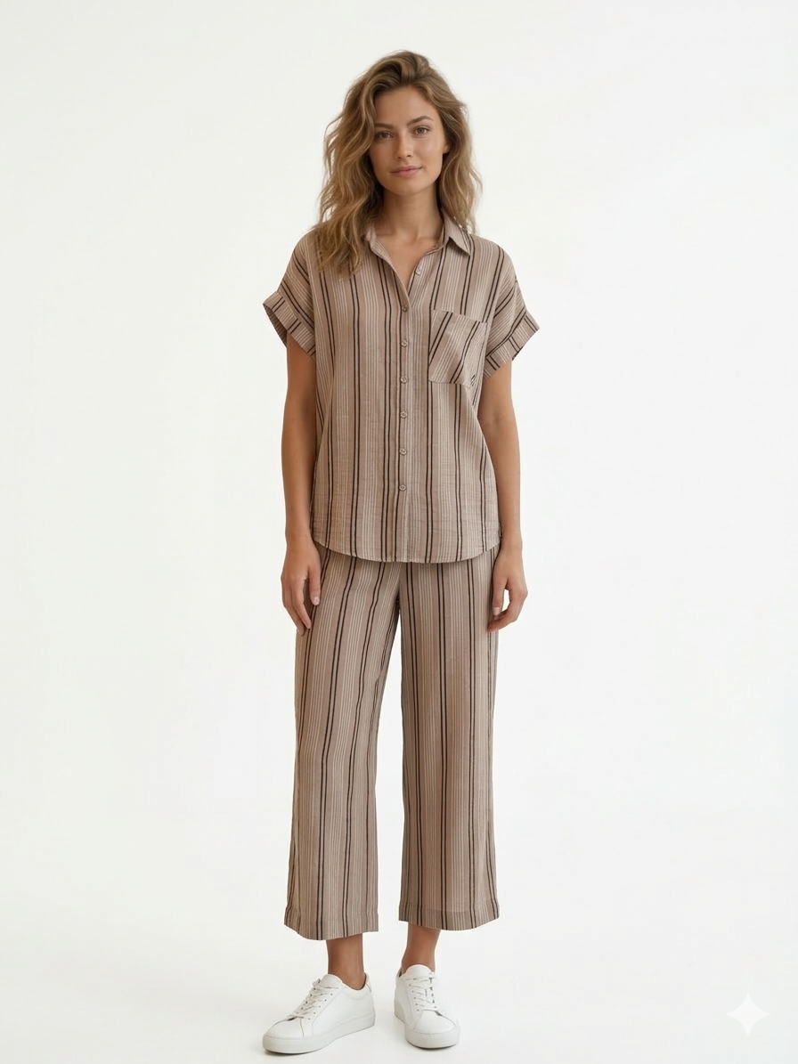 Ladies Air Flow Fashion Top with Pant Set 2  Cream -Brown Print - Liz & Lilli