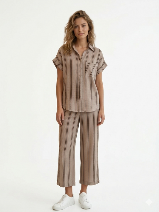 Ladies Air Flow Fashion Top with Pant Set 2  Cream -Brown Print - Liz & Lilli