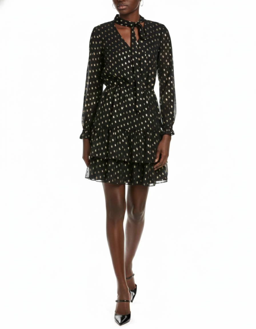Sleeves Bow Tie Mini Dress with Very Black Gold - Nanette Lepore