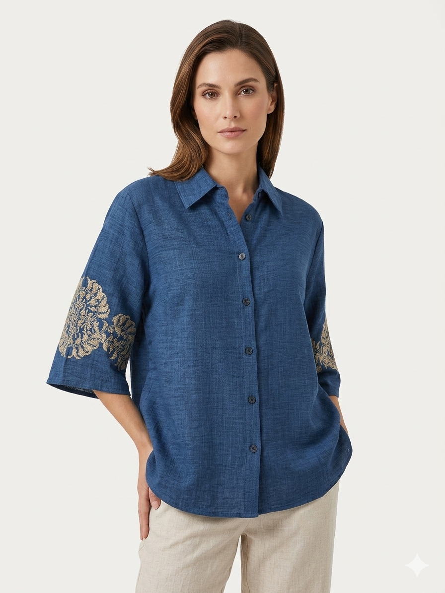 Flutter Sleeve Keyhole Popover Dark Denim