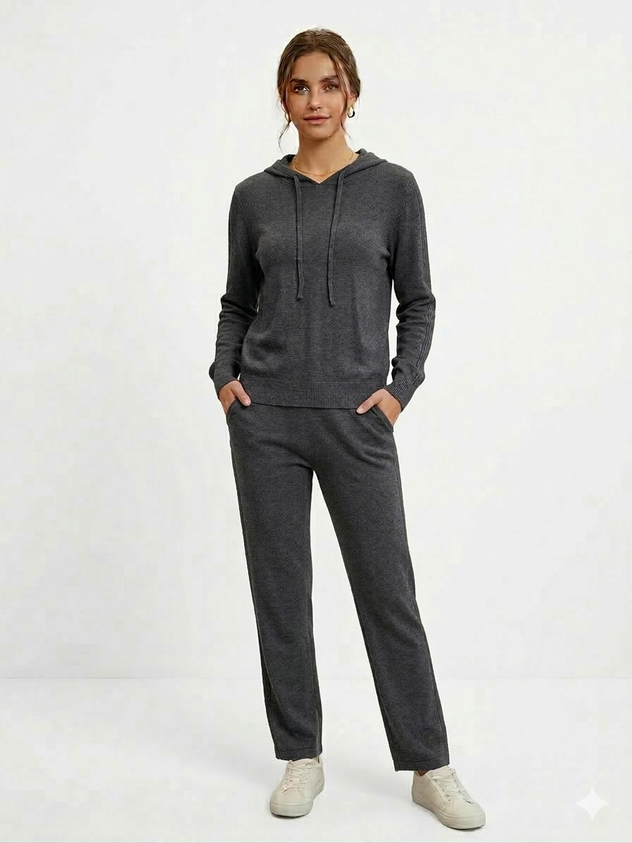 Ladies Stripe Sweater V Neck Top with Pant Set 2 Charcoal - Liz & Lilli