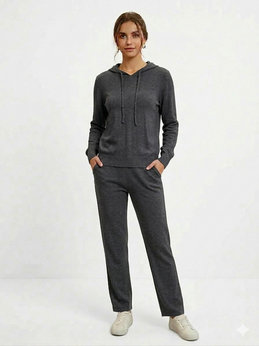 Ladies Stripe Sweater V Neck Top with Pant Set 2 Charcoal - Liz & Lilli