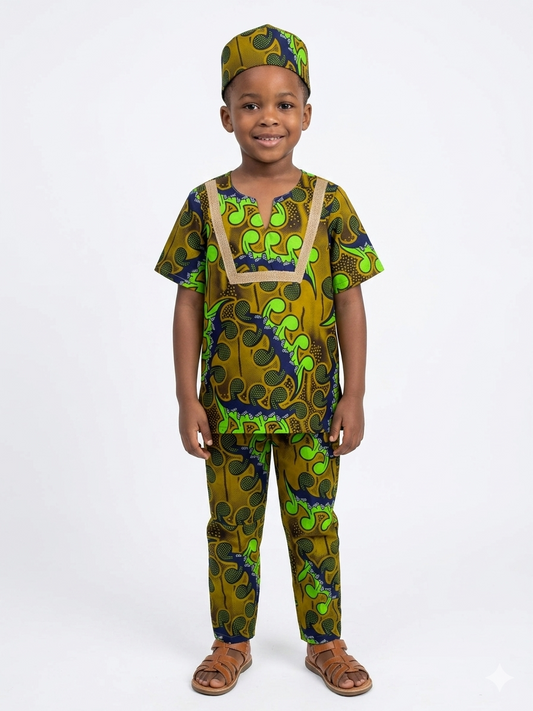 Conjunto Niño  Mostaza-Azul-Verde Manzana (Etnia Negra)