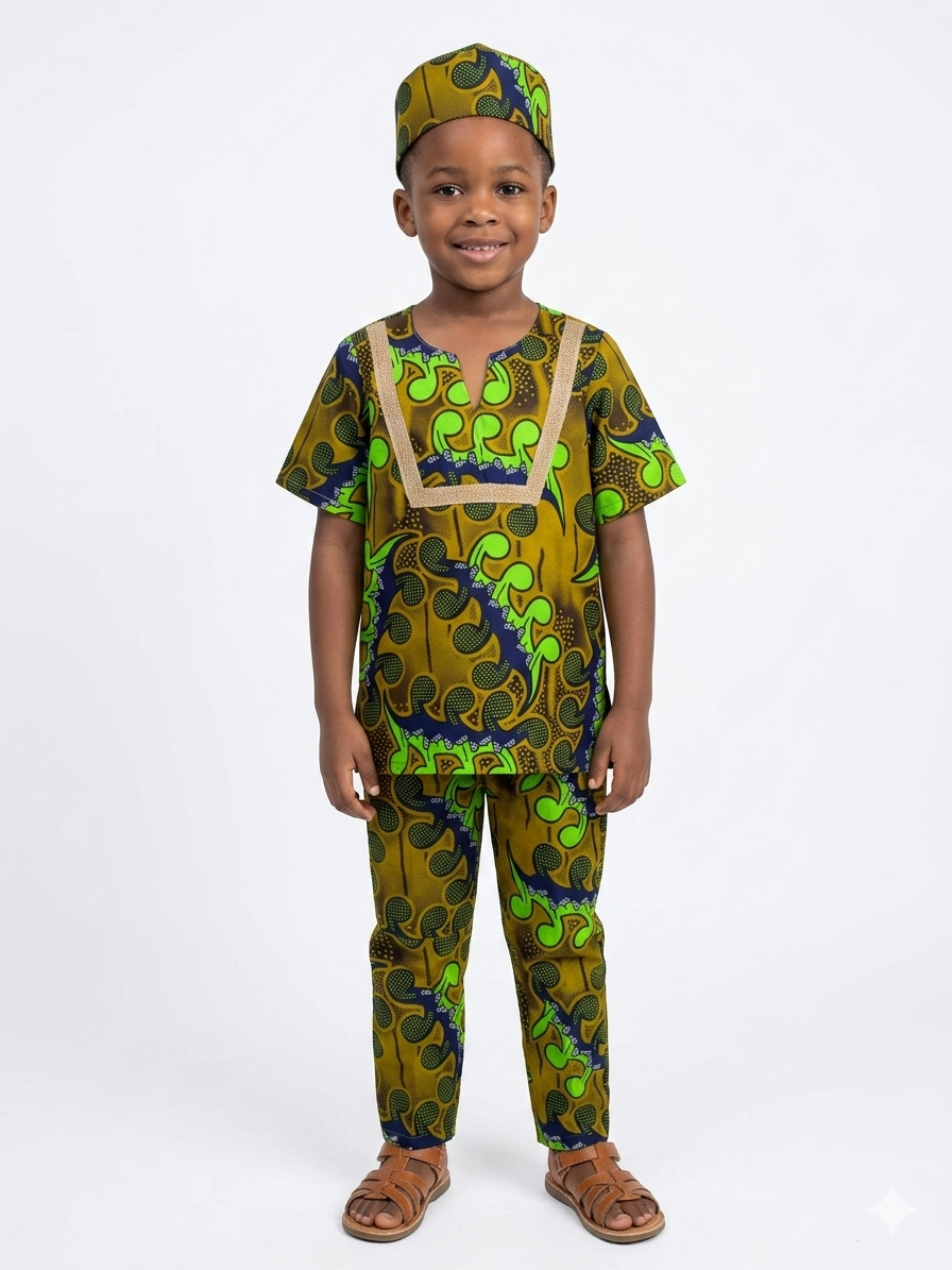 Conjunto Niño  Mostaza-Azul-Verde Manzana (Etnia Negra)