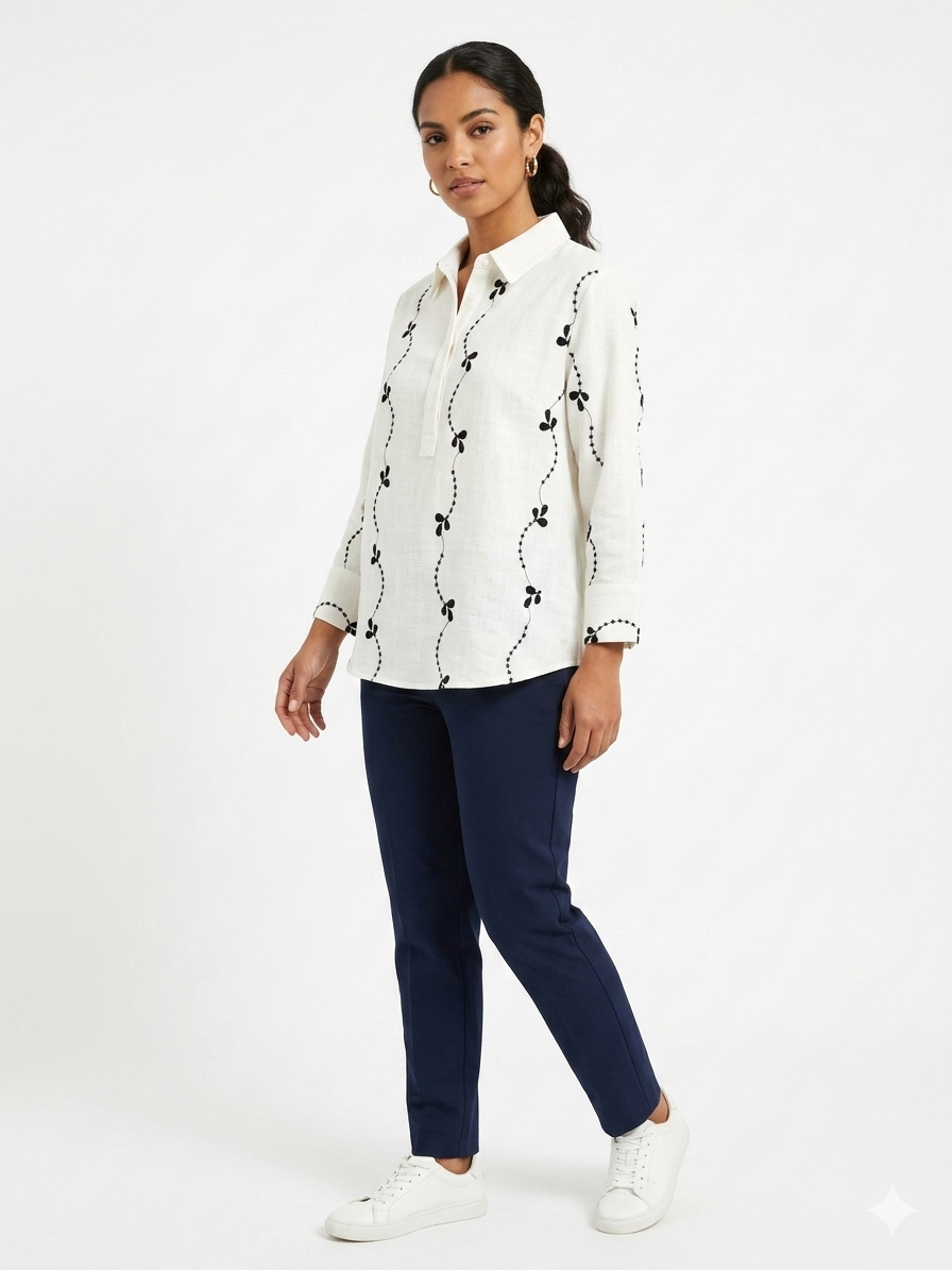 Embroidered 3/4 Sleeve Crew Neck Henley Antiq White