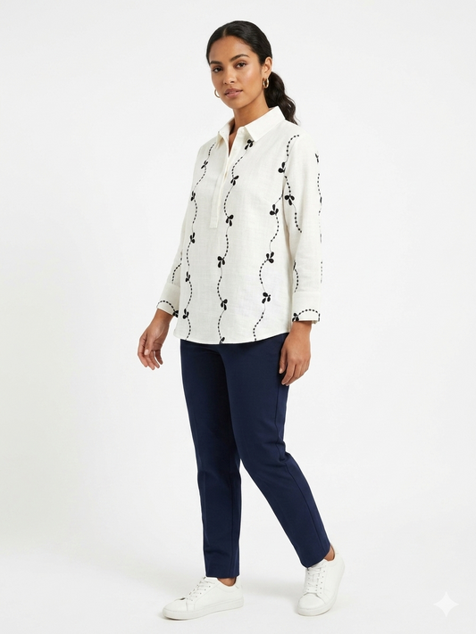 Embroidered 3/4 Sleeve Crew Neck Henley Antiq White