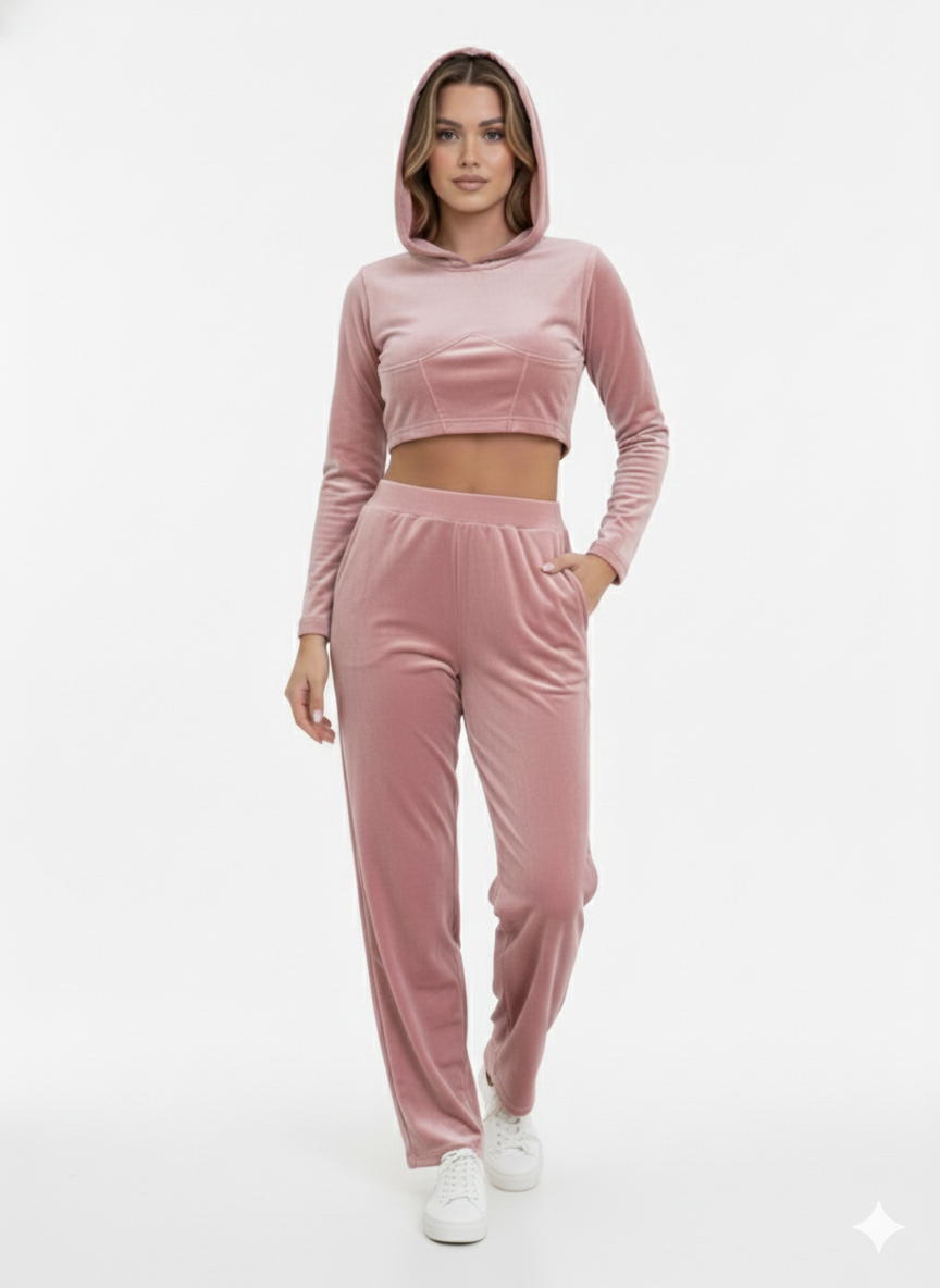 Ladies Velour Hoodie Top  with Pant  Set 2 Pink  - Liz & Lilli