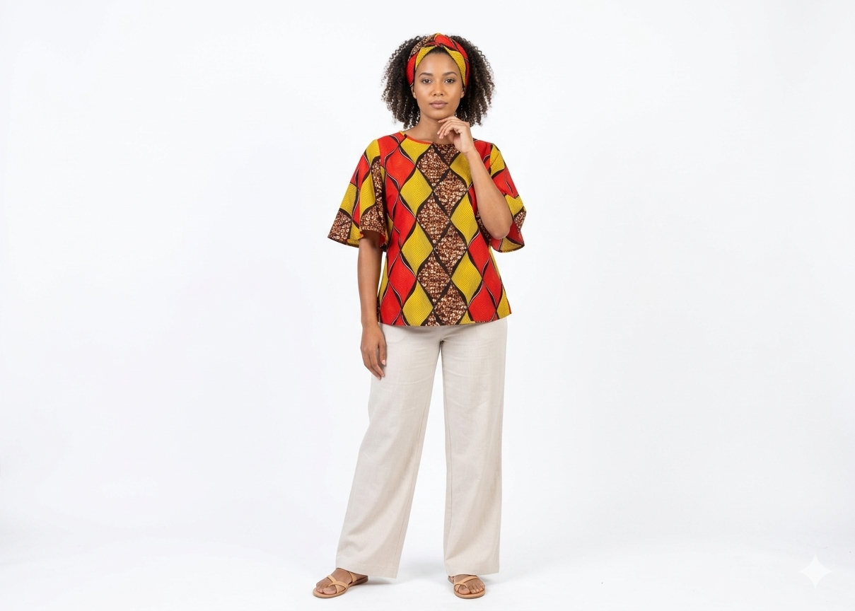 Camisa Dama Naranja-Mostaza-Chocolate (Etnia Negra)