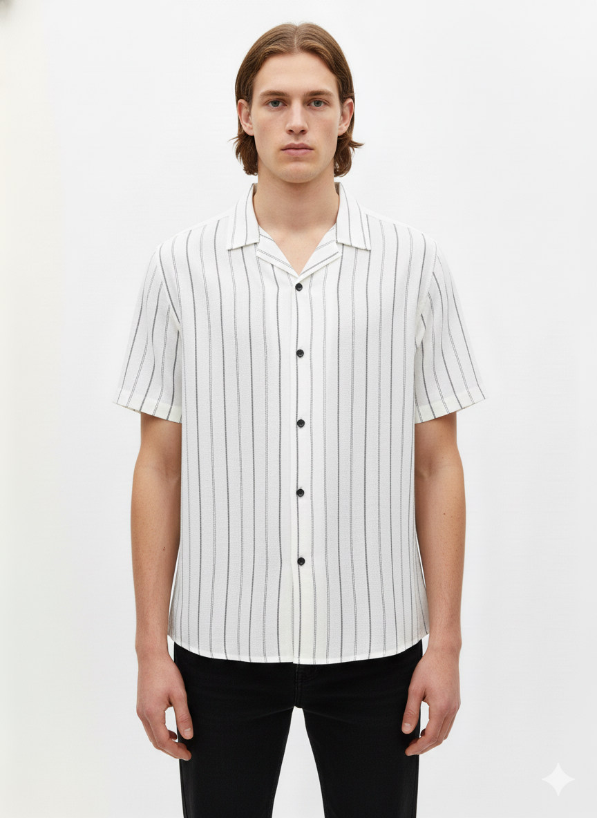 Short-sleeved Shirt in White / Navy  with Stripes - Just Blu