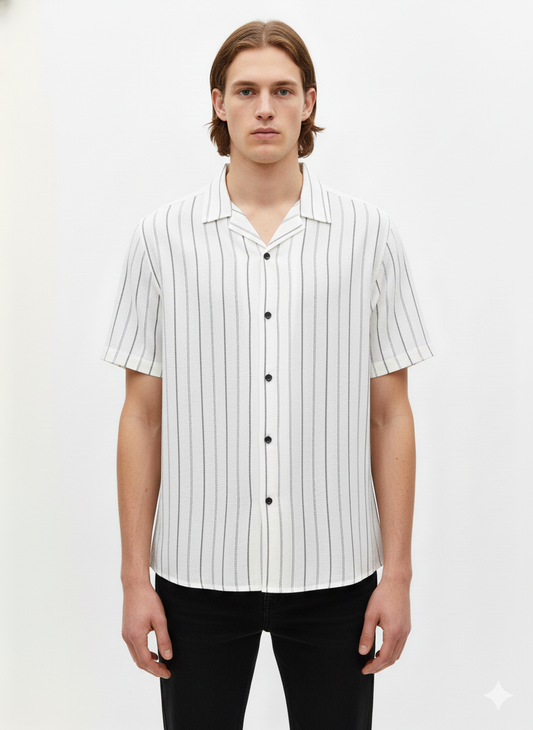 Short-sleeved Shirt in White / Navy  with Stripes - Just Blu