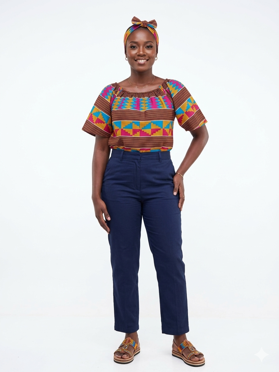 Camisa Dama Chocolate con  franjas azul-fucsia-mostaza (Etnia Negra)