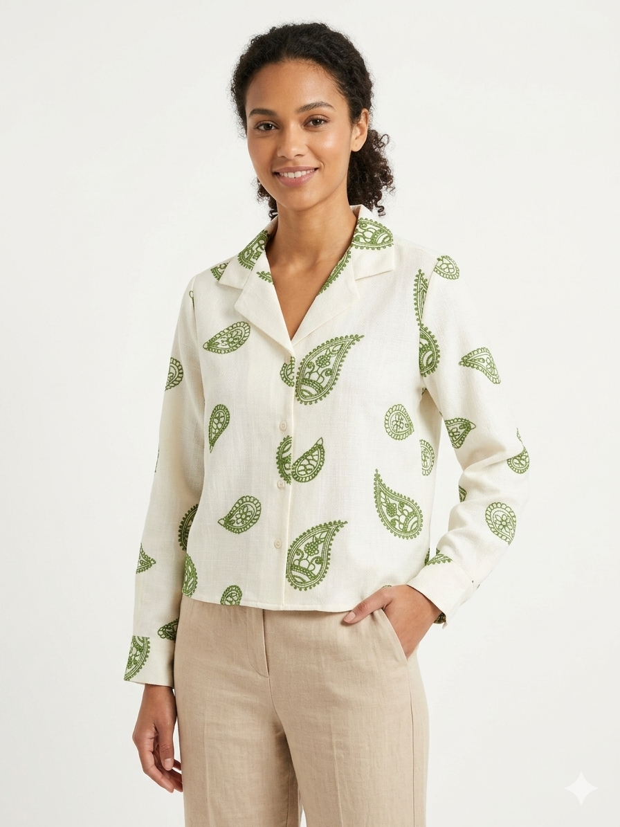 Long Sleeve Embroidered Camp Shirt  Antiq White