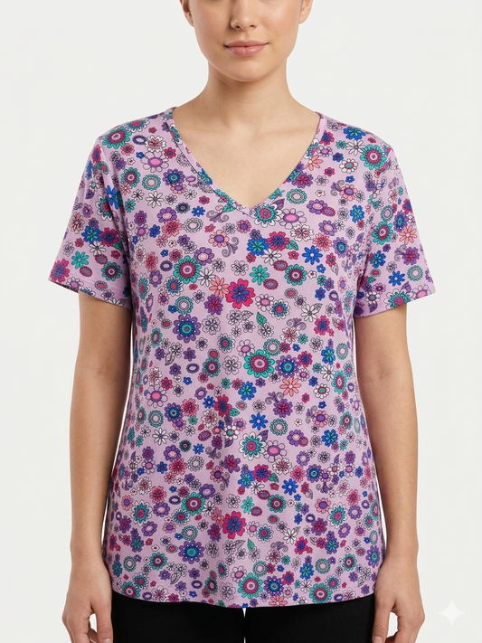 Ladies  Print Top Purple Flowers