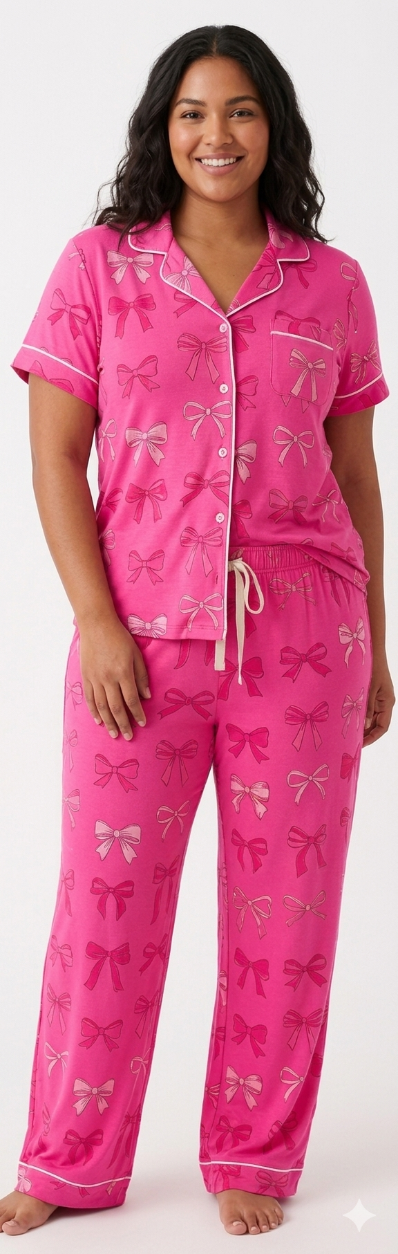 Plus Size 2PC Peached Jersey Sleep Set Bows Hot Pink