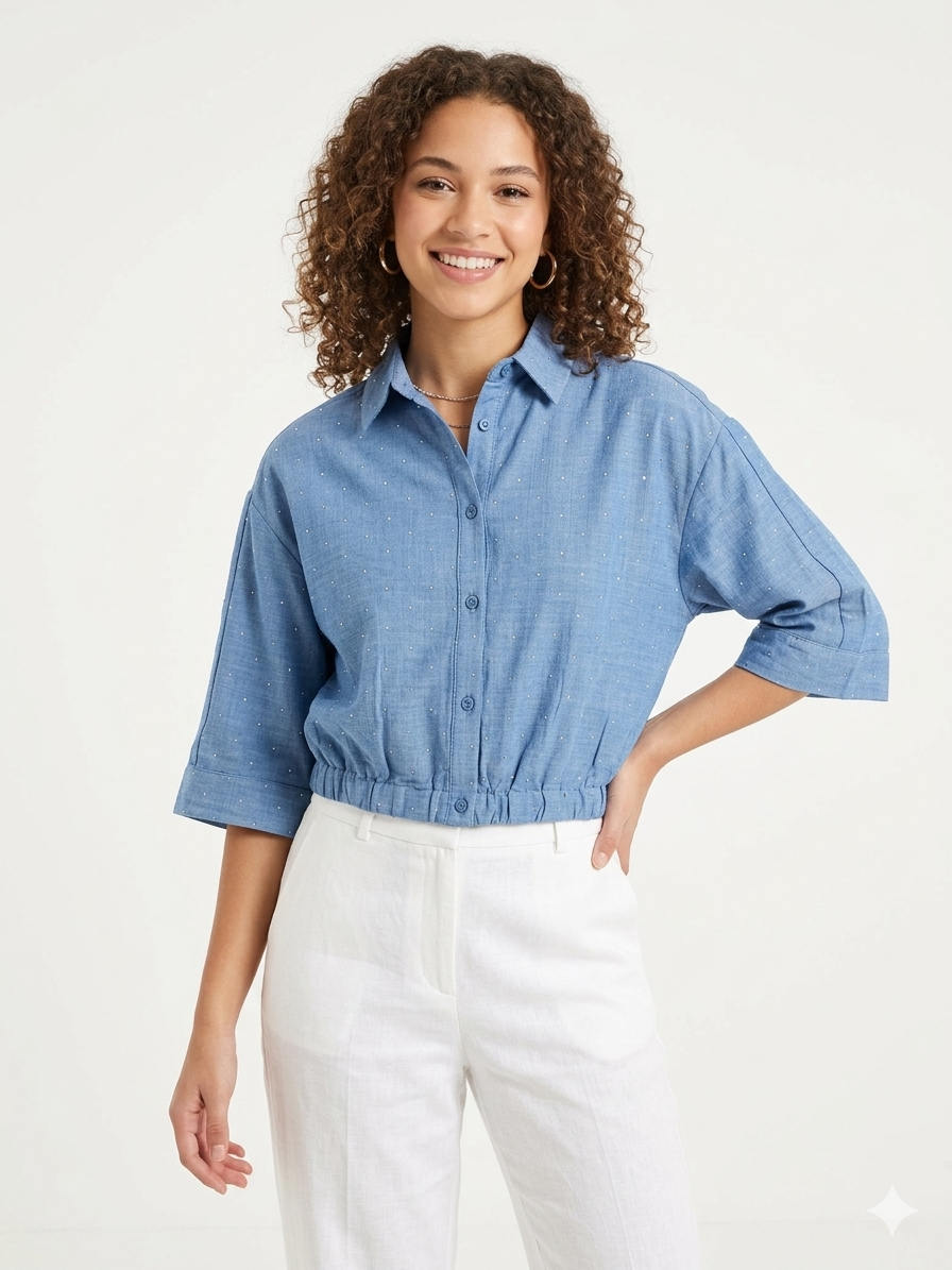Dolman Sleeve Elastic Waist Button Down True Blue
