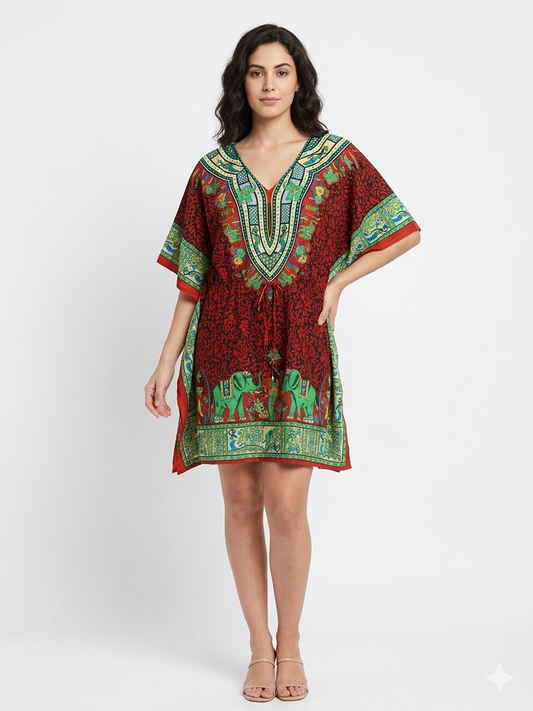 Short  Kaftan Printed Red Elephant