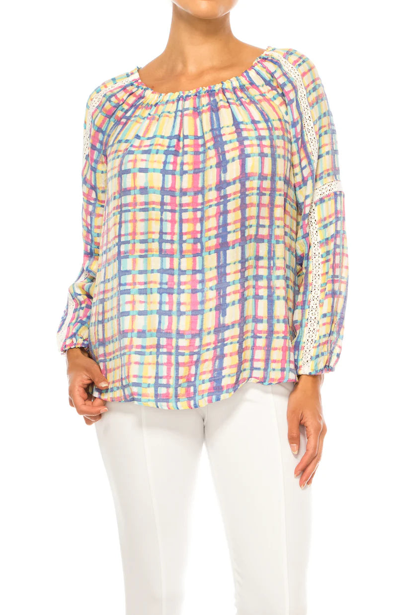 3/4 Sleeve Plaid Top Fuchsia Surf the Web - Hope & Harlow
