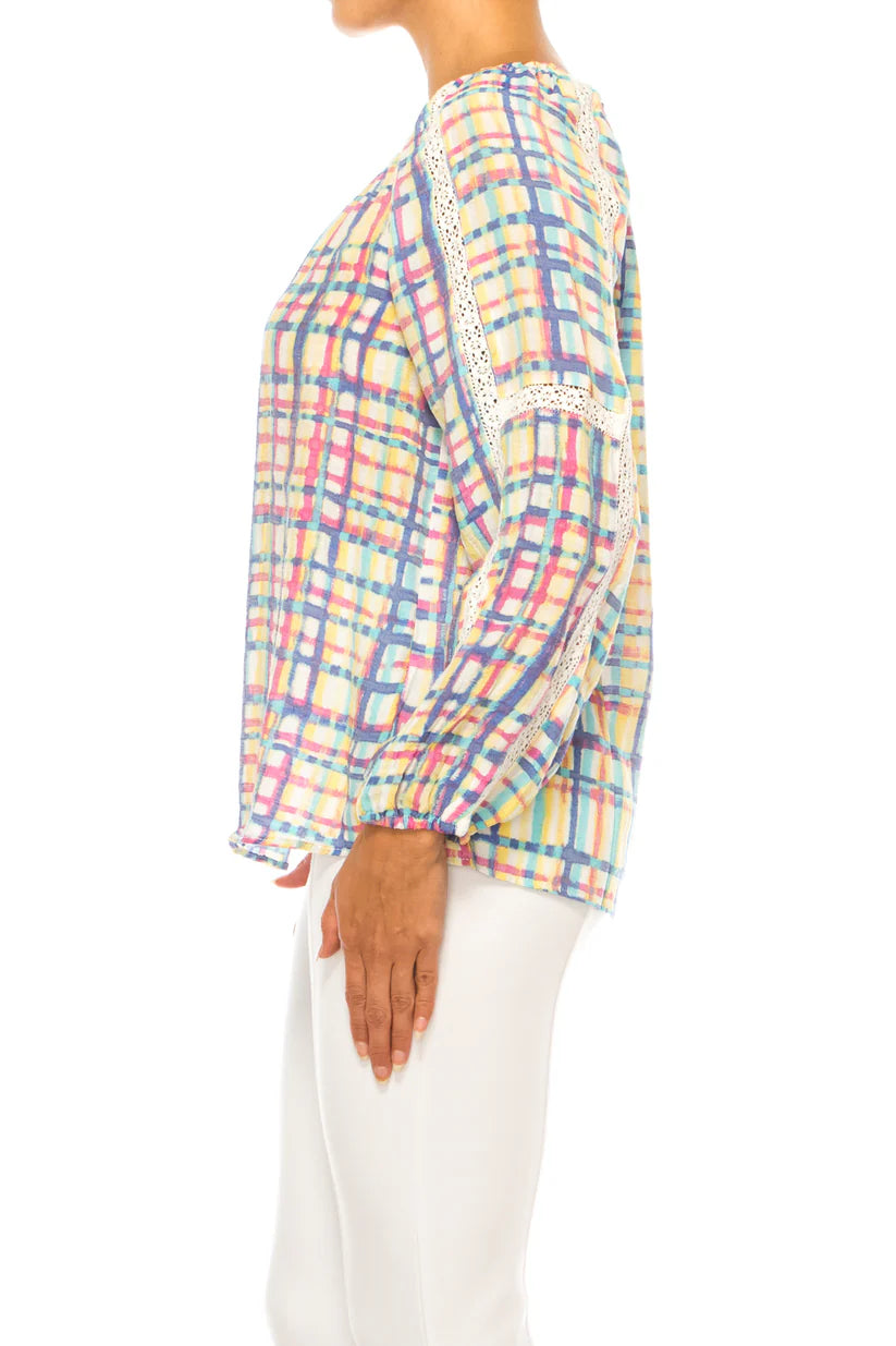 3/4 Sleeve Plaid Top Fuchsia Surf the Web - Hope & Harlow