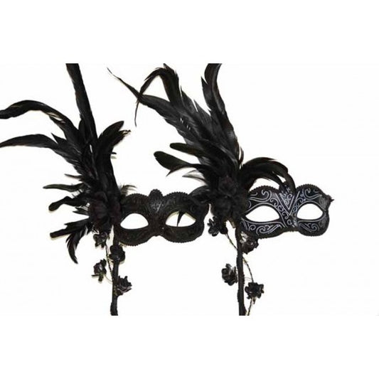 Masquerade Feather Mask with Stick Black