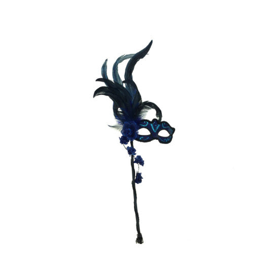 Masquerade Feather Mask with Stick Blue