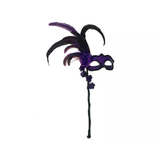Masquerade Feather Mask with Stick Purple