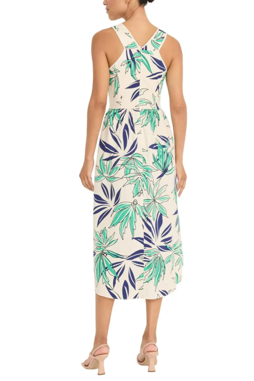 Palm Print Hi-Lo Midi Dress Ivory/Green  - Maggy London
