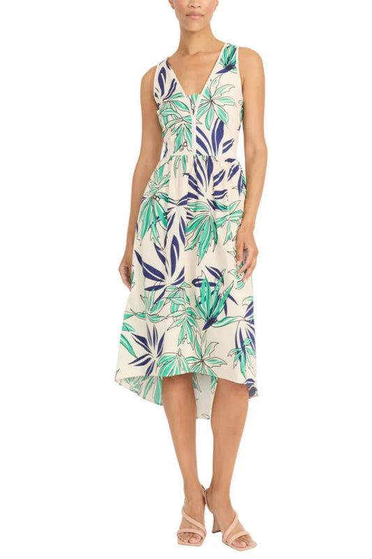 Palm Print Hi-Lo Midi Dress Ivory/Green  - Maggy London