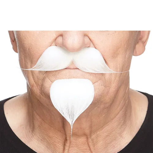 Fake Mustache  & Goatee Colonel Handlebar White